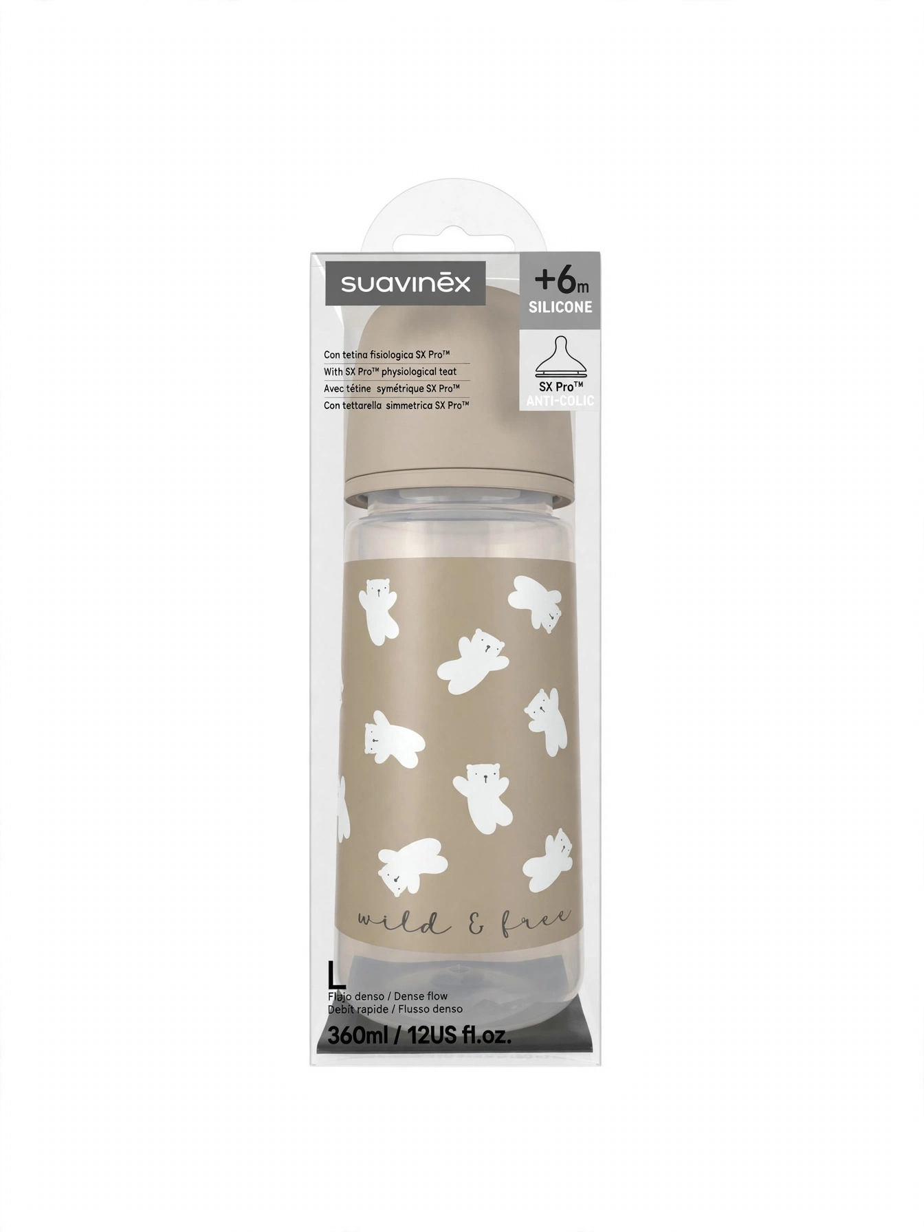 Suavinex Selection - Biberon +6m Silicone 360ml - Wild & Free Orsetti Beige