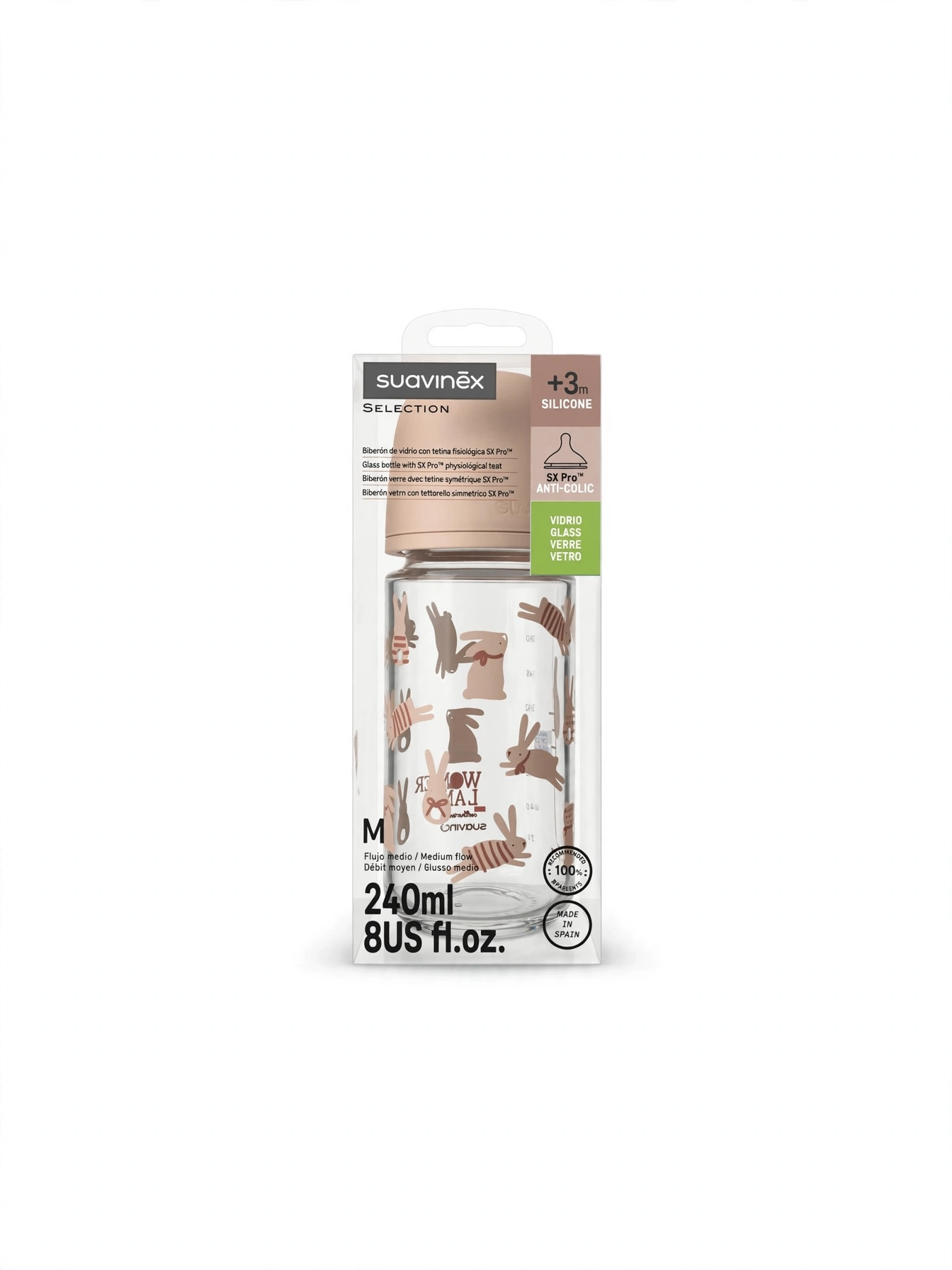 Biberon Vetro 240ml Suavinex Selection Beige - Coniglietti Marroni - SX Pro M +3Mesi